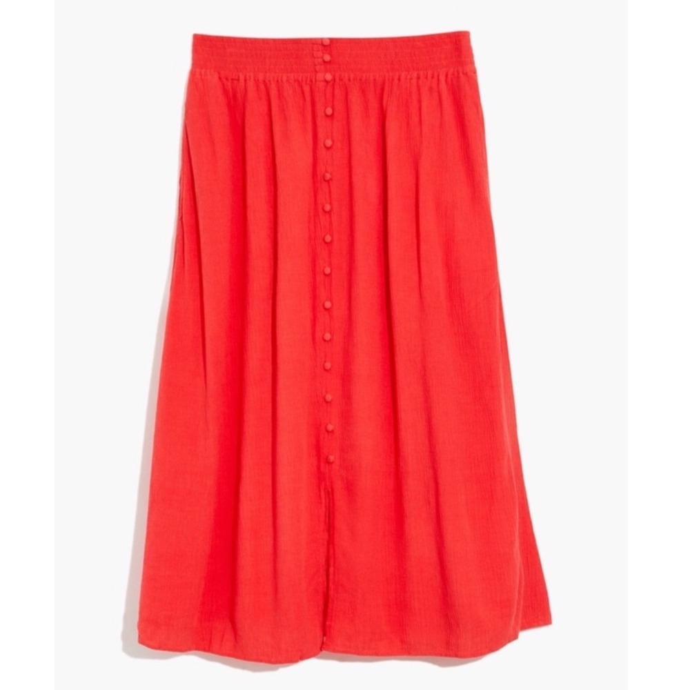 Madewell Button Front Midi Skirt Sz M Red-Orange Smocked Waist Pockets NA234